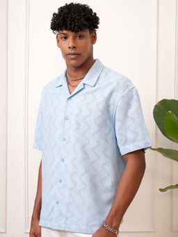 LOCOMOTIVE - Men Blue Dobby Textured Collar Oversized Shirt