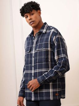 LOCOMOTIVE - Men Navy Blue Mocklino Checks Relaxed Fit Shirt
