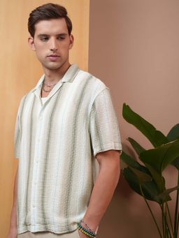 LOCOMOTIVE - Men Beige Dobby Vertical Stripes Collar Oversized Shirt