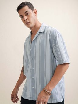LOCOMOTIVE - Men Blue Dobby Stripes Collar Oversized Shirt