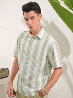 LOCOMOTIVE - Men Light Green Dobby Stripes Oversized Shirt
