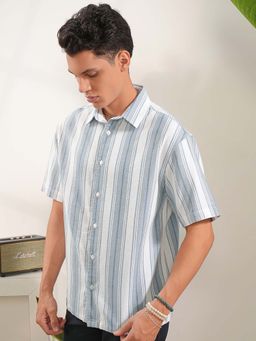 LOCOMOTIVE - Men Grey Dobby Stripes Oversized Shirt