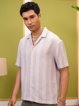 LOCOMOTIVE - Men Light Green and White Stripes Collar Relaxed Fit Shirt