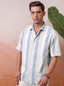 LOCOMOTIVE - Men Multi-Color Cotton Linen Dobby Stripes Relaxed Fit Shirt