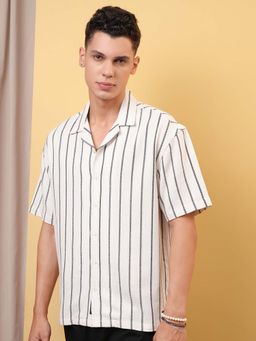 LOCOMOTIVE - Men White Dobby Stripes Cuban Collar Oversized Shirt