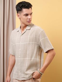 LOCOMOTIVE - Men Beige Dobby Checks Cuban Collar Oversized Shirt