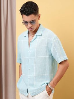 LOCOMOTIVE - Men Blue Dobby Checks Cuban Collar Oversized Shirt
