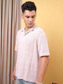 LOCOMOTIVE - Men Pink Dobby Checks Cuban Collar Oversized Shirt