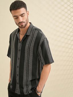 LOCOMOTIVE - Men Black Dobby Textured Stripes Oversized Shirt