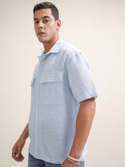 LOCOMOTIVE - Men Light Blue Dobby Textured Oversized Shirt