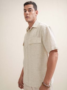 LOCOMOTIVE - Men Light Beige Dobby Textured Oversized Shirt