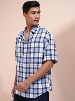 LOCOMOTIVE - Men Blue Checks Oversized Shirt