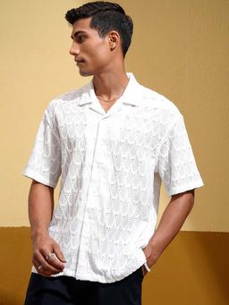 LOCOMOTIVE - Men White Knitted Jacquard Self Design Oversized Shirt