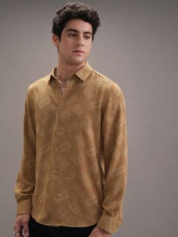 LOCOMOTIVE - Men Khaki Jacquard Self Design Party Shirt