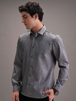 LOCOMOTIVE - Men Grey Wrinkle Textured Evening Party Shirt