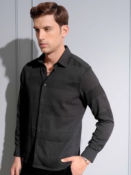 LOCOMOTIVE - Men Black Popcorn Textured Slim Fit Party Shirt