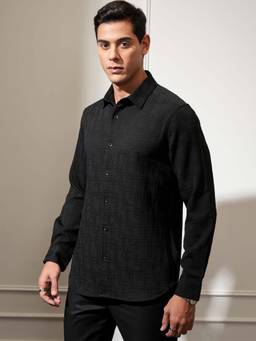 LOCOMOTIVE - Men Black Popcorn Textured Slim Fit Evening Party Shirt
