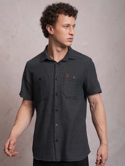 LOCOMOTIVE - Men Dark Grey Dobby Textured Regular Fit Shirt