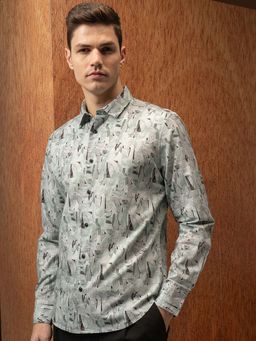 LOCOMOTIVE - Men Light Green Printed Slim Fit Party Shirt