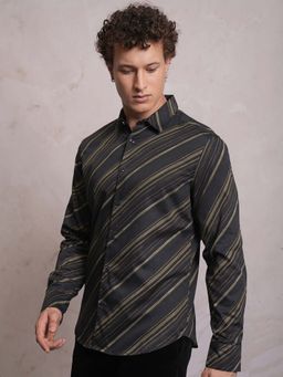 LOCOMOTIVE - Men Black Cotton Stripes Printed Shirt