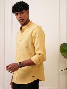 LOCOMOTIVE - Men Yellow Cotton Solid Mandarin Collar Shirt