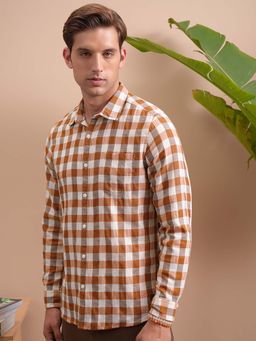 LOCOMOTIVE - Men Brown Checks Collar Full Sleeves Shirt