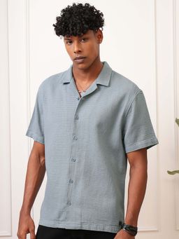 LOCOMOTIVE - Men Light Blue Textured Collar Relaxed Fit Shirt