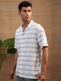 LOCOMOTIVE - Men White and Blue Dobby Stripes Collar Relaxed Fit Shirt
