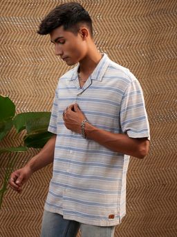 LOCOMOTIVE - Men Blue and White Dobby Stripes Cuban Collar Relaxed Shirt