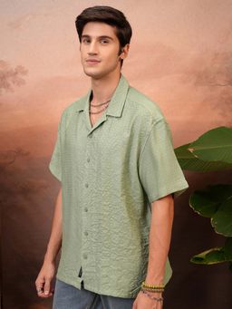 LOCOMOTIVE - Men Green Dobby Textured Collar Relaxed Fit Shirt