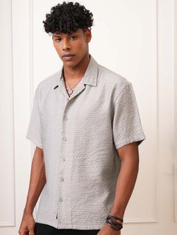 LOCOMOTIVE - Men Grey Cotton Dobby Textured Collar Relaxed Fit Shirt