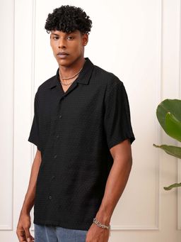 LOCOMOTIVE - Men Black Dobby Textured Collar Relaxed Fit Shirt