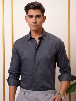LOCOMOTIVE - Men Grey Dobby Checks Formal Shirt