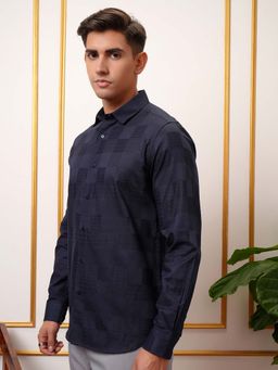 LOCOMOTIVE - Men Navy Blue Dobby Checks Formal Shirt