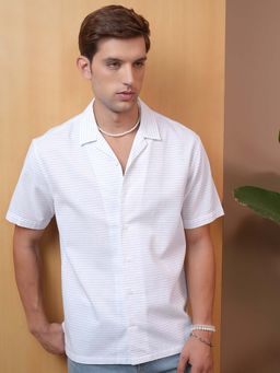 LOCOMOTIVE - Men White and Blue Stripes Collar Relaxed Fit Shirt