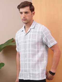 LOCOMOTIVE - Men Grey Dobby Checks Collar Relaxed Fit Shirt