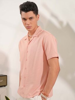 LOCOMOTIVE - Men Peach Dobby Textured Collar Relaxed Fit Shirt
