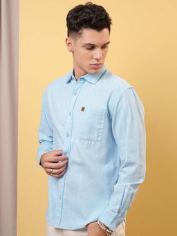 LOCOMOTIVE - Men Blue Dobby Stripes Relaxed Fit Shirt
