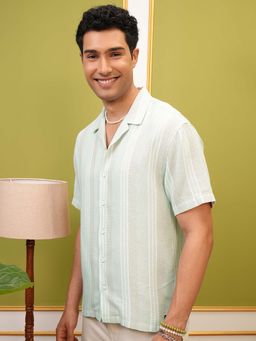 LOCOMOTIVE - Men Light Green Dobby Stripes Collar Relaxed Fit Shirt