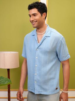 LOCOMOTIVE - Men Blue Dobby Stripes Collar Relaxed Fit Shirt