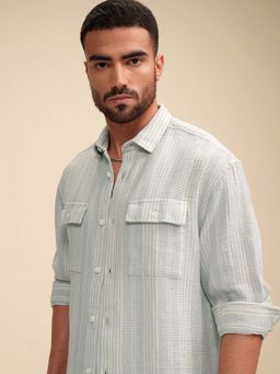LOCOMOTIVE - Men Light Grey Waffle Dobby Textured Stripes Relaxed Fit Shirt
