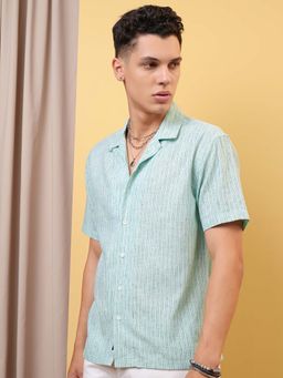 LOCOMOTIVE - Men Sea Green Stripes Collar Relaxed Fit Shirt