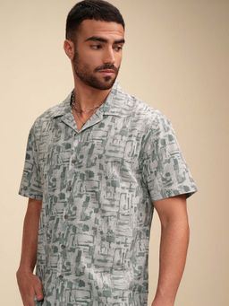 LOCOMOTIVE - Men Grey Printed Cuban Collar Relaxed Fit Shirt
