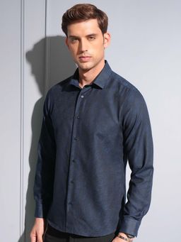LOCOMOTIVE - Men Navy Blue Jacquard Textured Shirt