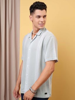 LOCOMOTIVE - Men Light Grey Dobby Stripes Collar Relaxed Fit Shirt