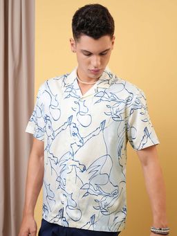 LOCOMOTIVE - Men Light Blue and Yellow Printed Collar Relaxed Fit Shirt