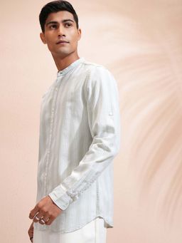 LOCOMOTIVE - Men Pista Green Dobby Stripes Mandarin Collar Shirt