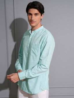 LOCOMOTIVE - Men Sky Blue Slub Mandarin Collar Textured Shirt