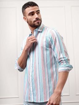 LOCOMOTIVE - Men Blue Dobby Stripes Casual Shirt