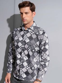 LOCOMOTIVE - Men Black and White Cotton Floral Printed Slim Fit Party Shirt